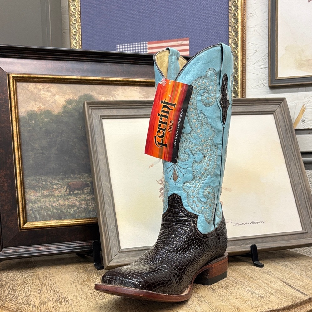 Ferrini Turquoise and Dark Brown Cowboy Boots